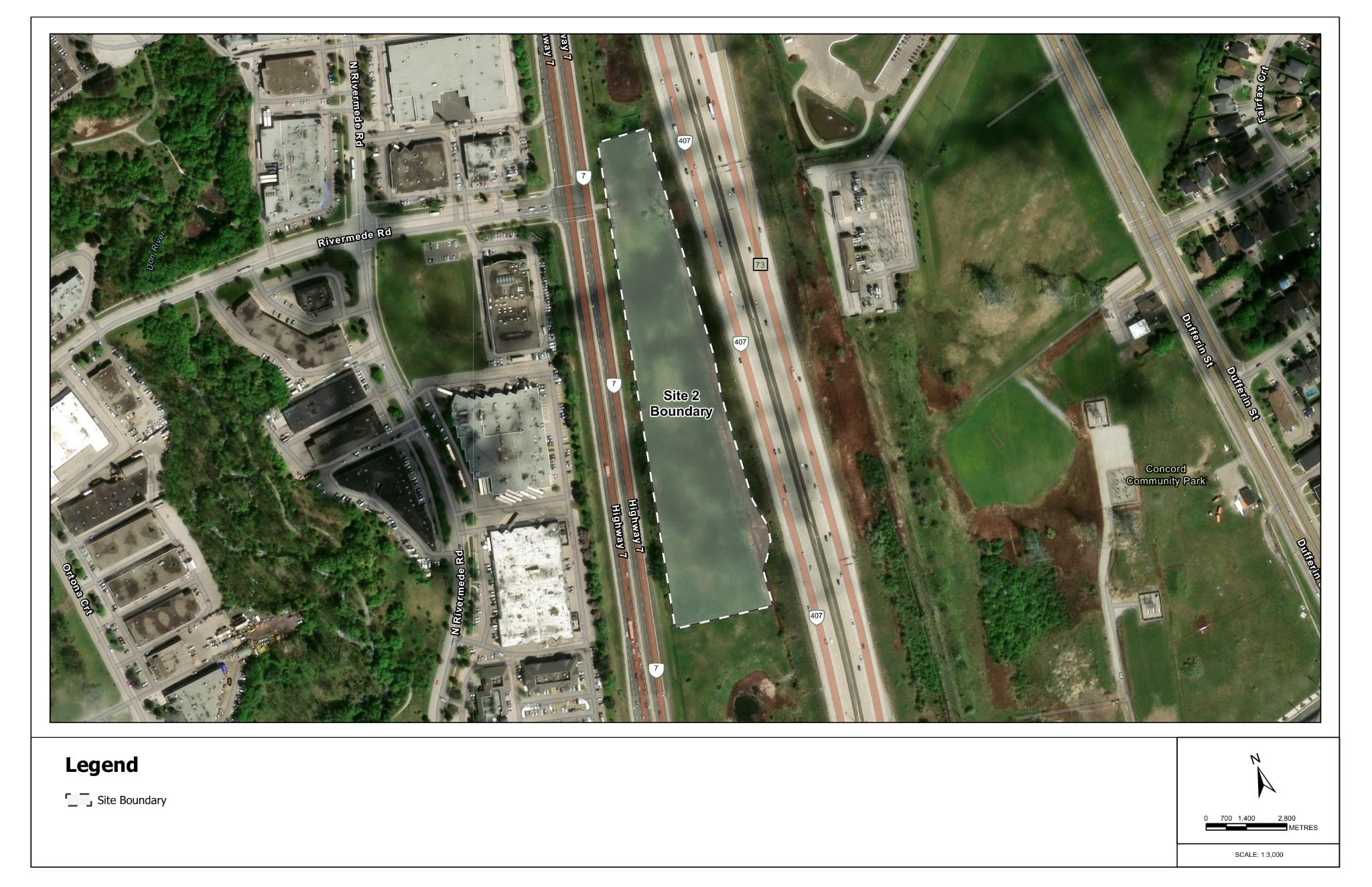 Final Site 2 map showing the proposed site west of Dufferin Street between Highway 407 and Highway 7 in Vaughan.