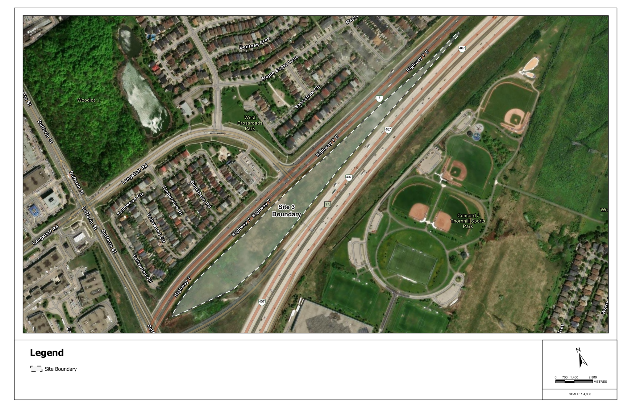 Final Site 3 map showing the proposed site east of Dufferin Street between Highway 407 and Highway 7 in Vaughan.